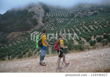 Couple Trekking in Mountainous Landscape with Hiking Poles Couple Trekking in Mountainous Landscape with Hiking Poles 128546827