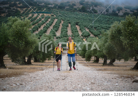 Active Couple Hiking Through Scenic Olive Groves With Trekking Poles Active Couple Hiking Through Scenic Olive Groves With Trekking Poles 128546834
