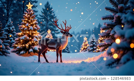 Majestic reindeer standing in a snowy forest surrounded by illuminated Christmas trees, creating a magical winter wonderland atmosphere with soft falling snowflakes 128546983