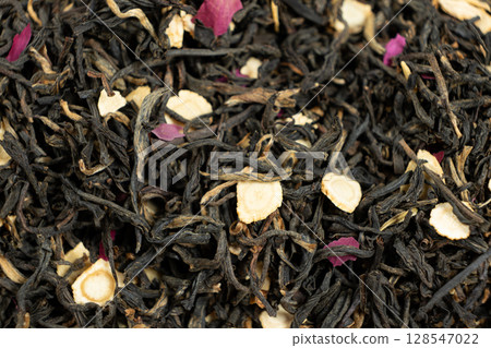 Textured Tea Background. Dried Ginseng and Rose Blend. 128547022