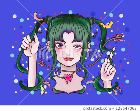 Winking girl with twin tails on blue background 128547062