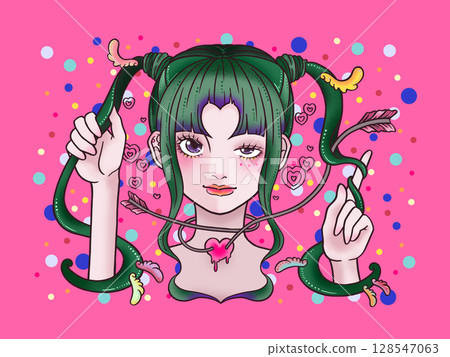 粉紅色背景雙尾巴眨眼的女孩 128547063