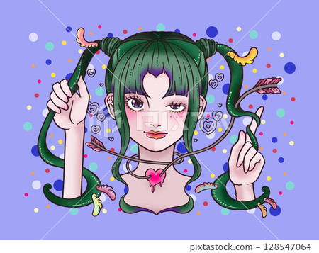A winking girl with twin tails on a light purple background 128547064