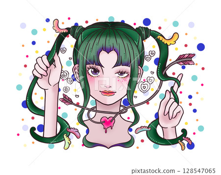白色背景下雙尾巴眨眼的女孩 128547065