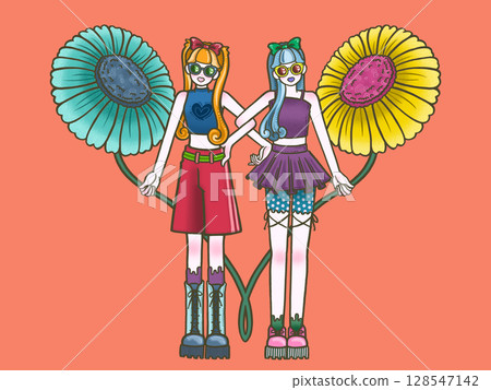 兩個友善的女孩，帶著花，朋友，雙胞胎，橘色背景 128547142