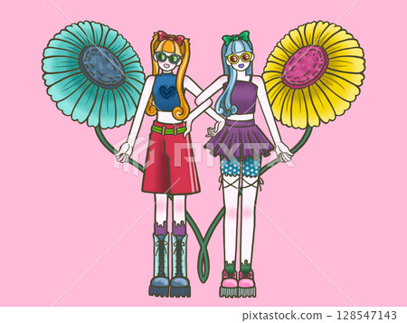 Two friendly girls with flowers, friends, twins, pink background 128547143