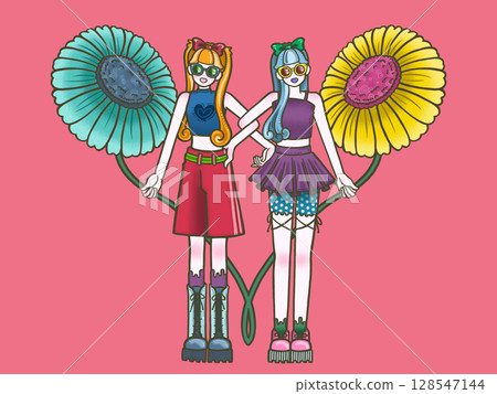 Two friendly girls with flowers, friends, twins, dark pink background 128547144