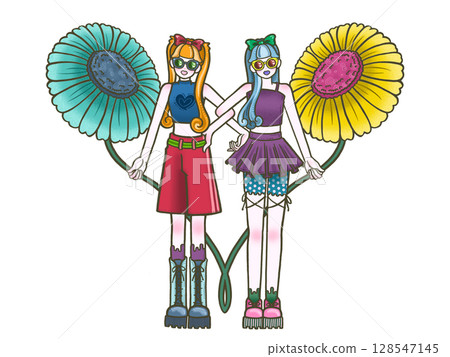 Two friendly girls with flowers, friends, twins, white background 128547145