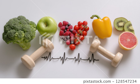 Healthy lifestyle concept with fresh food, fitness, and heart health symbol 128547234