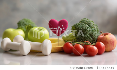 Healthy lifestyle concept with fresh food, fitness, and heart health symbol 128547235