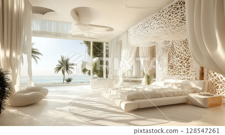 Minimalist bedroom with ocean view. Luxury hotel room with beach 128547261