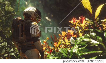 Astronaut explores alien landscape with strange trees and distant planets in a surreal sky 128547279