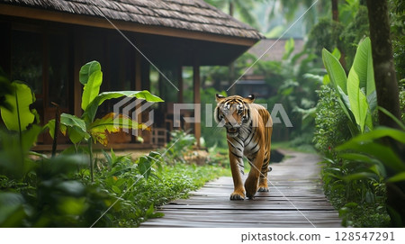 Majestic tiger walking on wooden path in tropical jungle near traditional house. 128547291