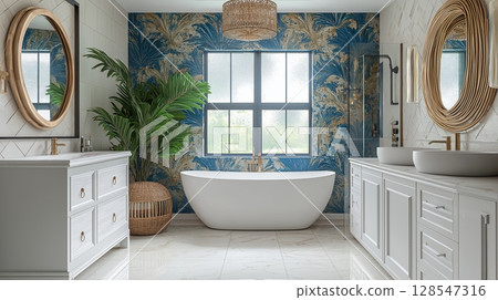 Elegant modern bathroom interior with a white bathtub and luxurious vanity 128547316