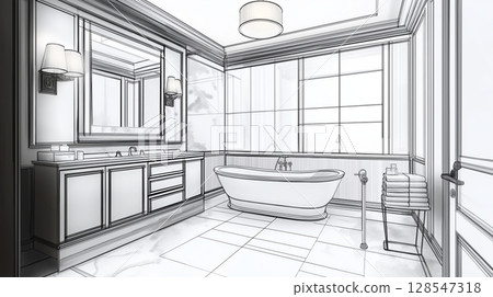 Hand drawn sketch of a luxurious bathroom interior design architectural project 128547318