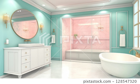 Modern luxury bathroom interior with stylish bathtub, pink and turquoise walls. 128547320