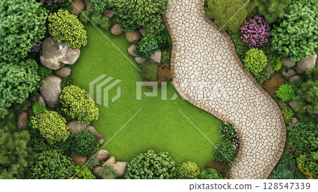 Beautiful tranquil garden with wooden deck, stone paths, and lush greenery 128547339