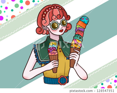 Girl holding colorful ice cream, white background, pattern Girl holding colorful ice cream, white background, pattern 128547351