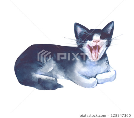 Watercolor yawning black and white cat in a relaxed pose, hand-drawn. Watercolor illustration isolated on a white background. Clipart. Watercolor yawning black and white cat in a relaxed pose, hand-drawn. Watercolor illustration isolated on a white background. Clipart. 128547360