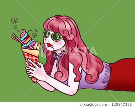 女孩吃縐紗綠色背景 128547386