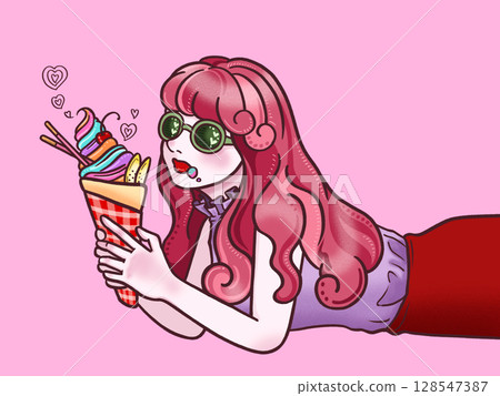 Girl eating crepe on pink background 128547387