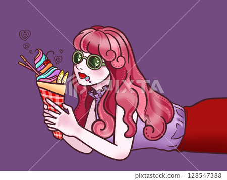 Girl eating crepe purple background 128547388
