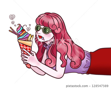 白色背景下吃縐餅的女孩 128547389