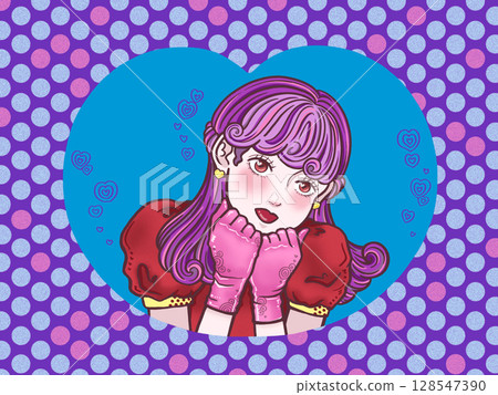 可愛姿勢的女孩，可愛，紫色背景，淺藍色心 128547390