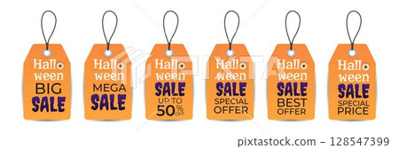 Set of isolated vector realistic Halloween sale tags. Orange tags with special offers. Big sale, mega sale, special price Set of isolated vector realistic Halloween sale tags. Orange tags with special offers. Big sale, mega sale, special price 128547399