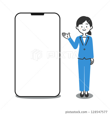 Illustration of a woman in a pantsuit standing next to a large smartphone 128547577
