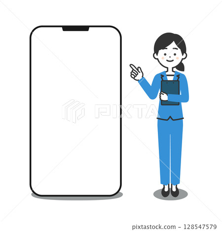 圖：一位身穿褲裝的女士站在大型智慧型手機旁邊 128547579