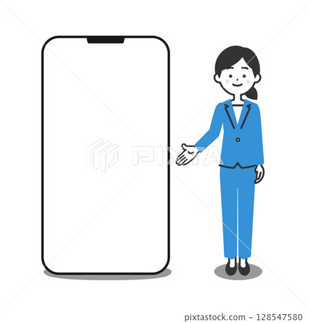 圖：一位身穿褲裝的女士站在大型智慧型手機旁邊 128547580