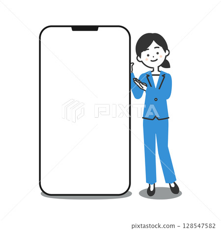 圖：一位身穿褲裝的女士站在大型智慧型手機旁邊 128547582