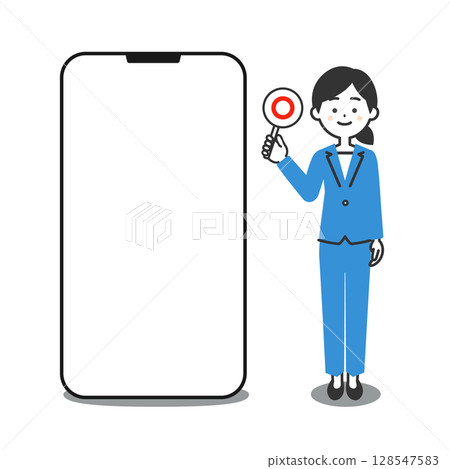 圖:一位身穿褲裝的女士站在大型智慧型手機旁邊 圖:一位身穿褲裝的女士站在大型智慧型手機旁邊 128547583