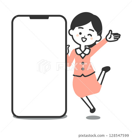 一位身穿西裝的立體女性在大型智慧型手機旁跳躍的插圖 128547599
