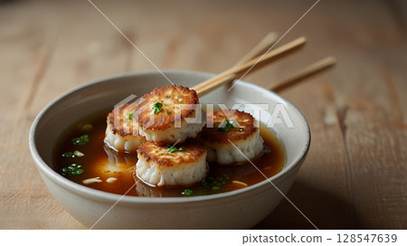 Folded Korean Fish Cakes on Wooden Skewers in Paper Bowl of Broth With Rising Steam and Empty Upper Left Visual Space 128547639