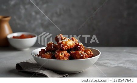 A bowl of sesame chicken wings with sauce on a neutral background 128547643