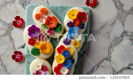 Cakes decorated with colorful flowers on a marble surface overhead view 128547665