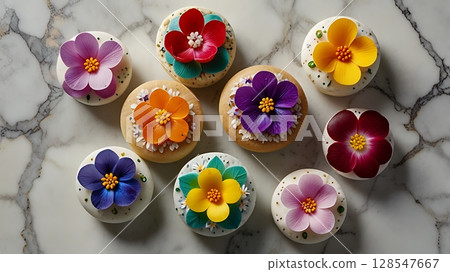 Overhead view of flower decorated cupcakes on a marble surface top 128547667
