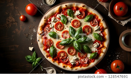 Wood Fired Pizza with Raw Ingredients Like Tomato Cheese and Basil on Rustic Table in Warm Natural Light 128547691