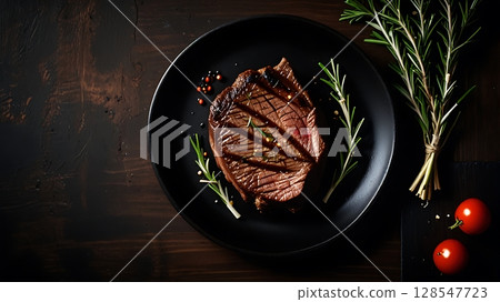 Grilled Steak with Garlic and Rosemary on Bottom Left Dark Plate Captured from Top View in Warm Natural Light Composition Grilled Steak with Garlic and Rosemary on Bottom Left Dark Plate Captured from Top View in Warm Natural Light Composition 128547723
