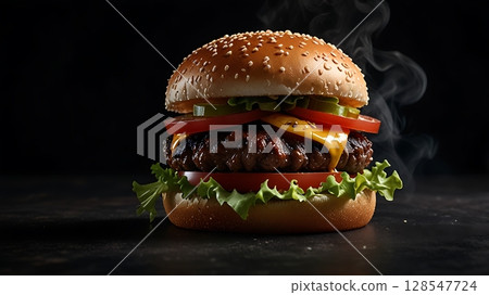 Top View of Juicy Half Beef Burger with Warm Moody Light and Soft Steam Over Dark Textured Background Top View of Juicy Half Beef Burger with Warm Moody Light and Soft Steam Over Dark Textured Background 128547724