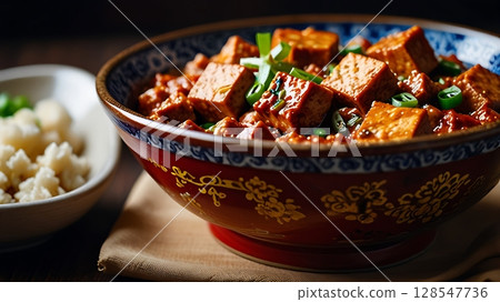 Tilted Side View of Mapo Tofu in Red Chili Oil with Pork Served in Classic Chinese Bowl with Intense Vibrant Color Styling 128547736