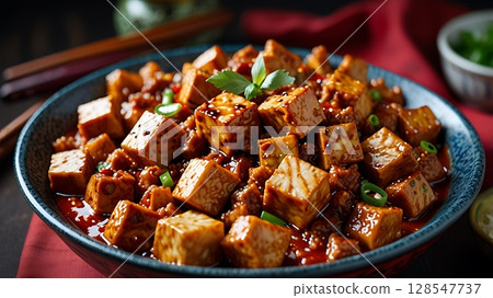 Spicy Mapo Tofu with Minced Pork in Red Chili Oil Served in Traditional Chinese Bowl Captured from Tilted Side Angle 128547737