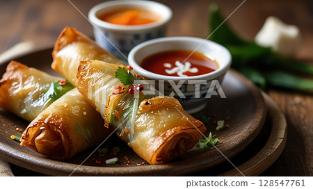 Crispy Golden Spring Rolls Stacked on Rustic Plate with Dipping Sauce in Natural Light from Left Tilted Camera Angle 128547761