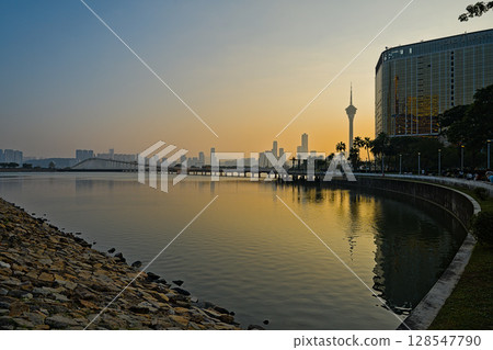 Macau Skyline at sunset with Macau Tower 128547790
