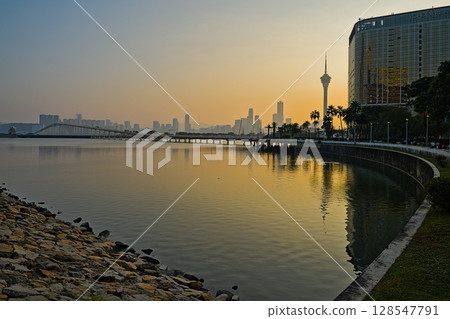 Macau Skyline at sunset with Macau Tower 128547791