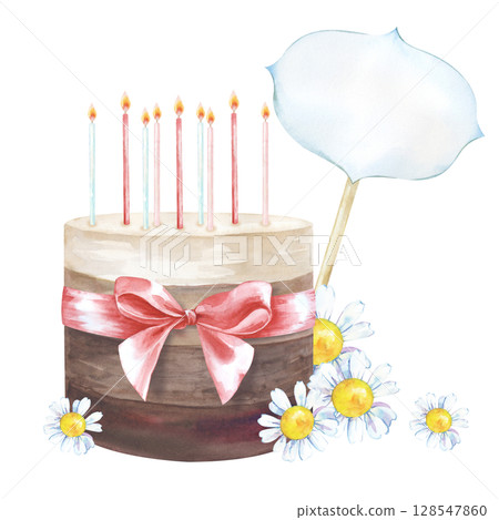 A chocolate cake tied with a pink ribbon, with burning candles, white daisies and a sign for the inscription. Watercolor illustration of a festive dessert. A template for postcards, invitations, and A chocolate cake tied with a pink ribbon, with burning candles, white daisies and a sign for the inscription. Watercolor illustration of a festive dessert. A template for postcards, invitations, and 128547860