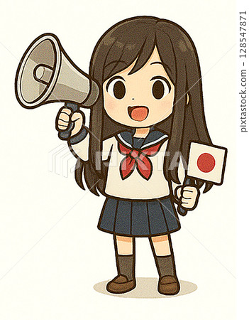 Illustration of a woman cheering with a megaphone! A Japanese student! A cheerful, smiling girl in a uniform, around the age of a teenager from junior high school to high school 128547871