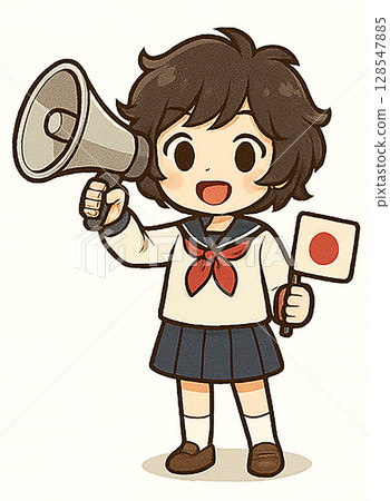 Illustration of a woman cheering with a megaphone! A Japanese student! A cheerful, smiling girl in a uniform, around the age of a teenager from junior high school to high school 128547885